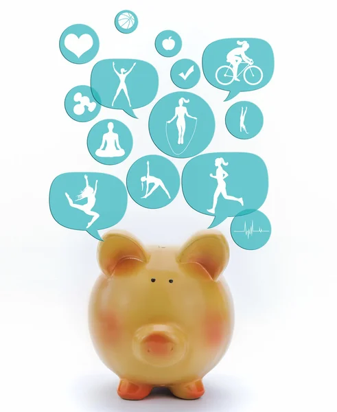 Piggy bank met fitness pictogrammen in talk bubbels geïsoleerd — Stockfoto