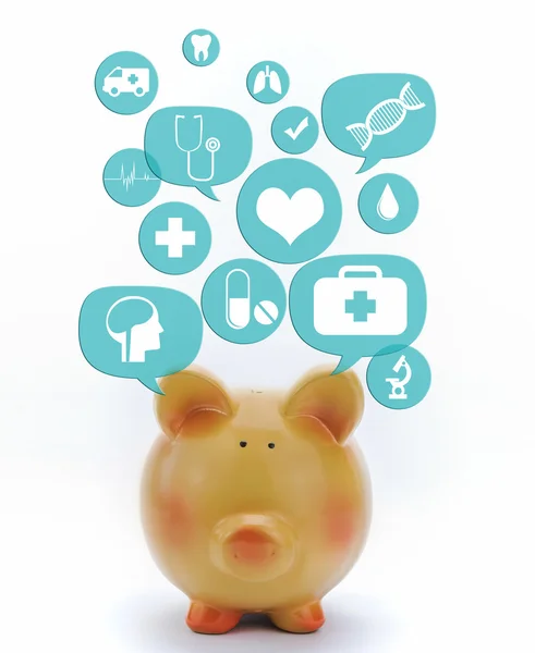 Банк свиней с медицинскими иконами в пузырьках разговоров изолирован — стоковое фото