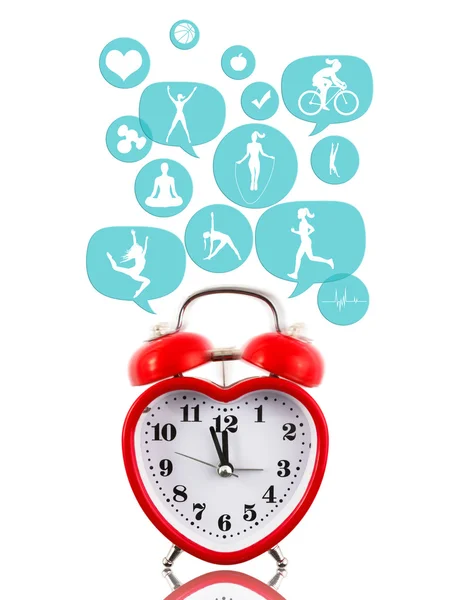 Heart alarm clock with fitness icons in talk bubbles isolated — Stock Photo, Image