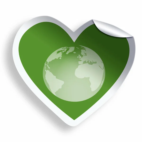 Heart green sticker with earth icon isolated on white — Stock Photo, Image