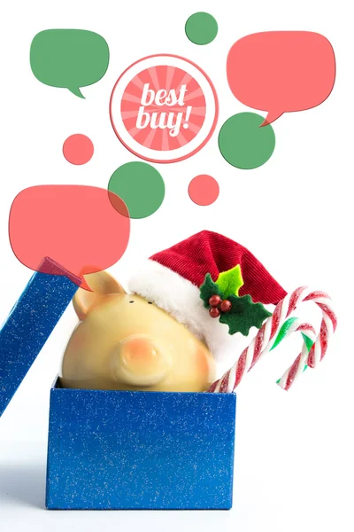 Piggy bank with speech bubbles. Christmas sale concept, isolated — Stock Photo, Image