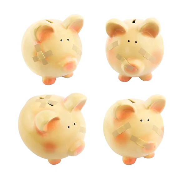 Piggy bank with medical patches set, isolated on white — Stock Photo, Image