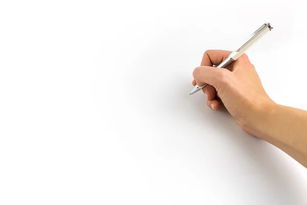 Hand hält Bleistift isoliert auf weißem Hintergrund Stockbild