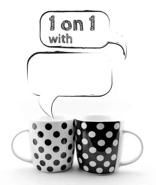 Koffie mokken met tekstballonnen 1 op 1 tekst schetsmatig geïsoleerd — Stockfoto