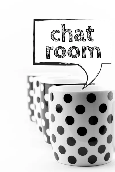 Coffee mugs with speech bubble Chat room text  isolated on white — Stock Photo, Image
