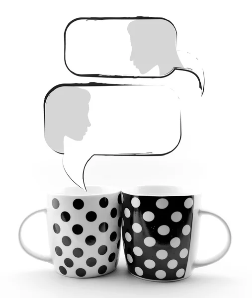 Kubki kawy z dymki i twarze na białym tle — Zdjęcie stockowe
