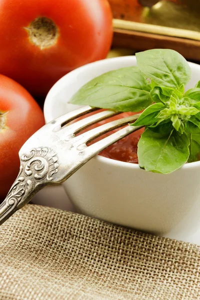 Molho de tomate com folhas de manjericão fresco e tomates — Fotografia de Stock