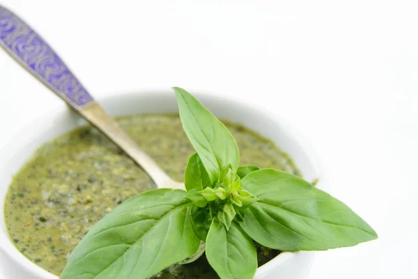 Molho de pesto e folhas de manjericão, isolados sobre fundo brancoMolho de pesto e folhas de manjericão, isolados sobre fundo branco — Fotografia de Stock