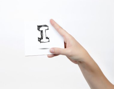 Hand holding a piece of paper with sketchy capital letter I, isolated on white.