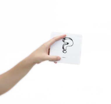 Hand holding a piece of paper with sketchy question mark symbol, isolated on white.