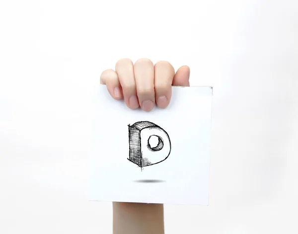 Hand holding a piece of paper with sketchy capital letter D, isolated on white. — Stockfoto