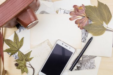 Eski fotoğraf makinesi ve ahşap yüzeyi kuru bitkiler ile fotoğraf yığını smartphone.