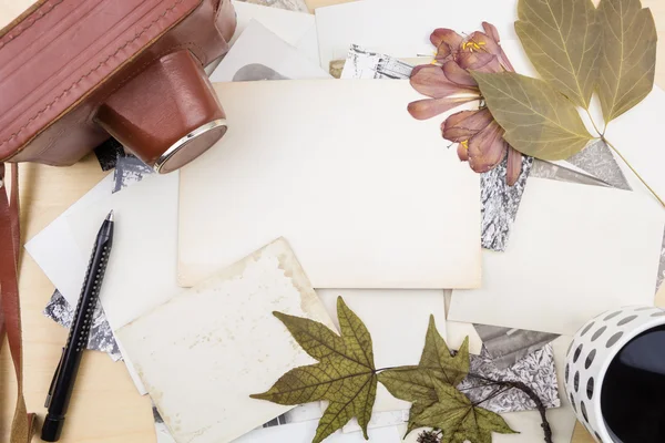 Old camera on stack of photos with dry plants, on wooden surface. — Stock Photo, Image