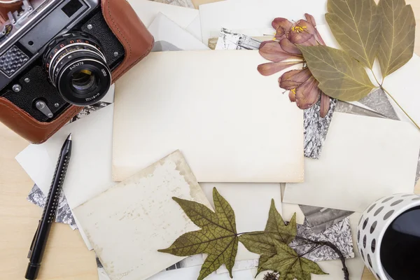 Old camera on stack of photos with dry plants, on wooden surface. — Stock Photo, Image