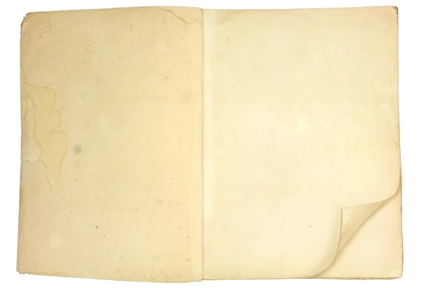 Livro aberto em branco velho com páginas grungy, isolado no fundo branco . — Fotografia de Stock