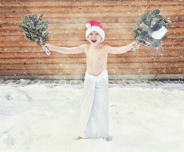 Boy Refresh Snow Hot Sauna Concept Relax Vacation Healthy Lifestyle — Stock Photo, Image