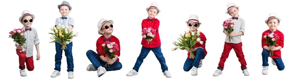 Garçon Élégant Dans Chapeau Tenant Bouquet Fleurs Mode Enfante Collage — Photo
