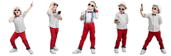 Mały Chłopiec Kapeluszu Rozmawia Przez Telefon Komórkowy Mały Szef Kolaż — Zdjęcie stockowe