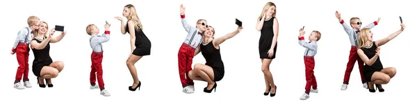 Mor Och Son Tar Ett Selfie Foto Sin Mobiltelefon Collage — Stockfoto