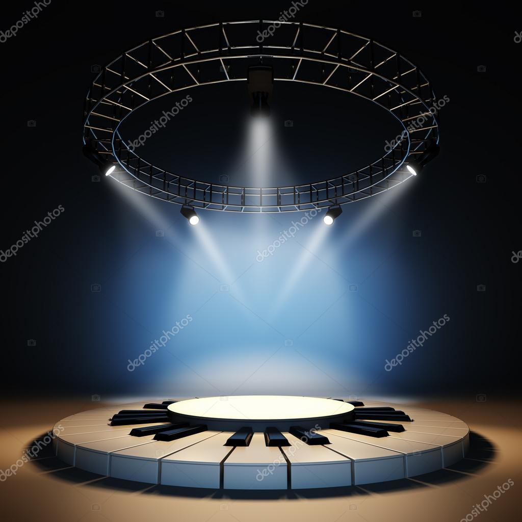 A 3d illustration of blank template layout of empty jazz music stage. Stage illuminated by spotlights at blue background. Stage empty to place your text, logo or object.