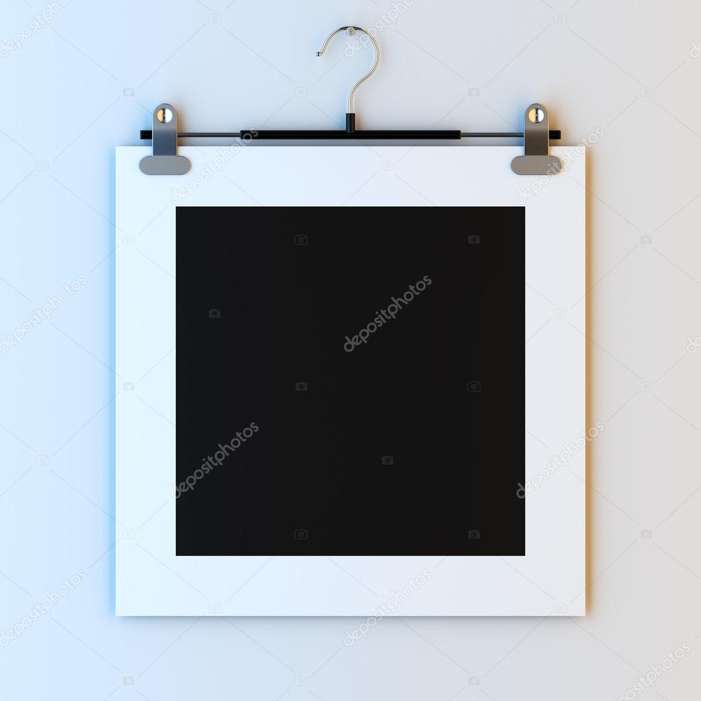 3d render illustration blank template layout of empty paper frame on hanger clips. Paint surface empty to place your photo, image, picture, text or logo.