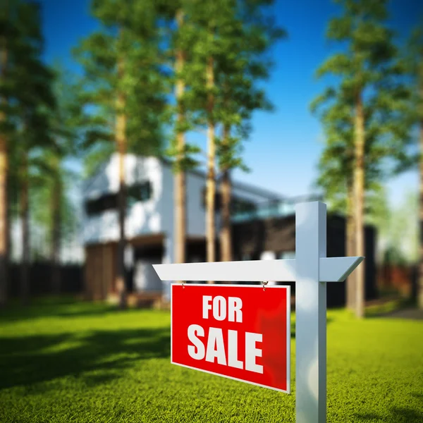 Home For Sale sign in front of modern house.