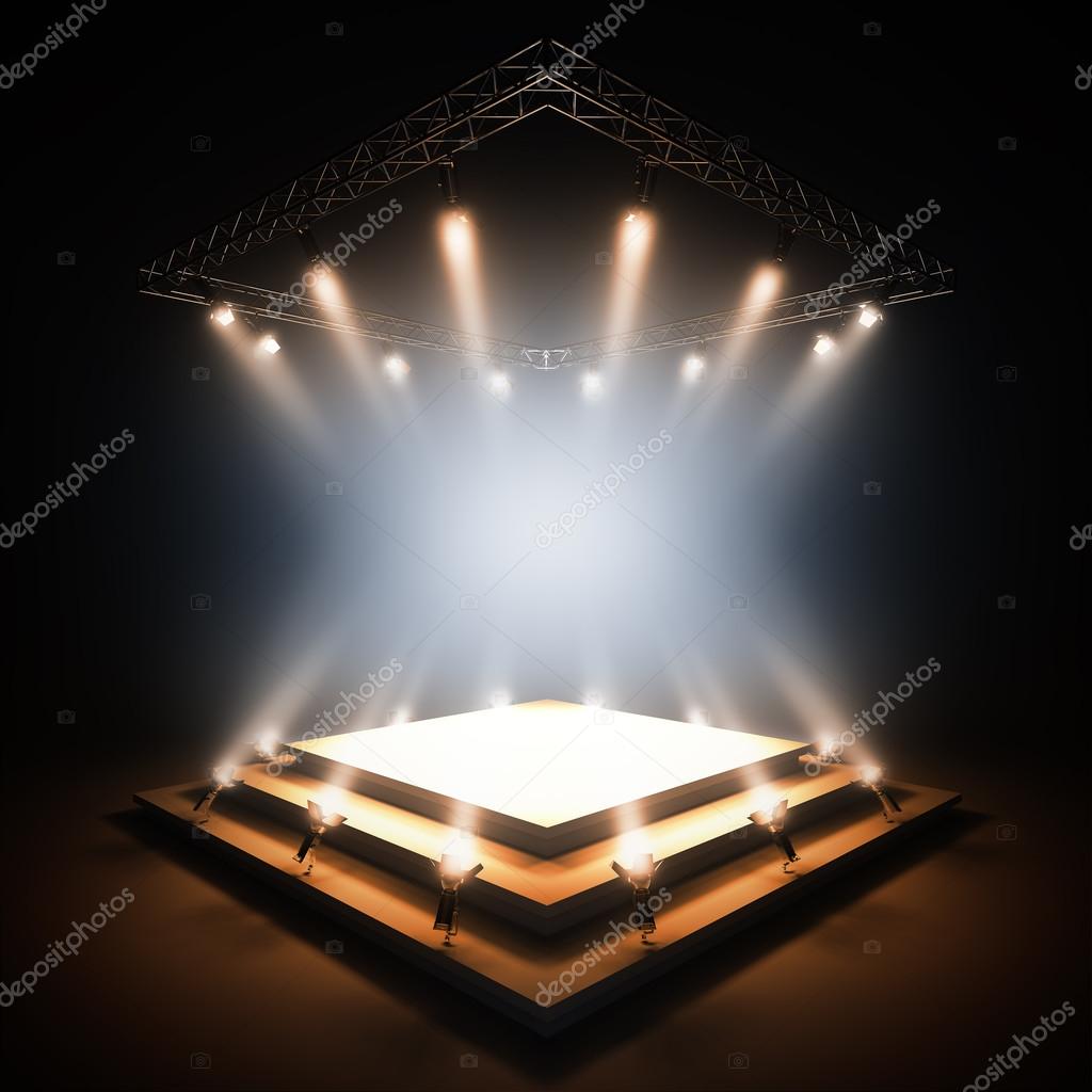 3d render illustration blank template layout of empty stage illuminated by spotlights. Empty copy space to place your text, object, or logo.