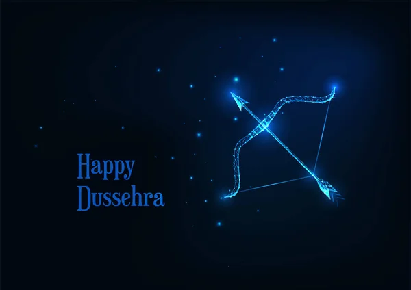 Futuristic Happy Dussehra banner with glowing low polygonal on arroe and bow dark blue background. — Stock Vector