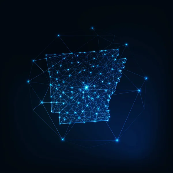 Carte de l'État de l'Arkansas aux États-Unis silhouette lumineuse faite de lignes étoilées points triangles, formes polygonales basses. — Image vectorielle