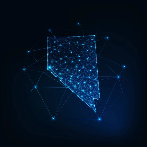 Nevada staat USA kaart gloeiend silhouet gemaakt van sterren lijnen stippen driehoeken, lage polygonale vormen. — Stockvector