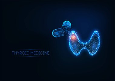Futuristic thyroid disease treatment concept with glowing polygonal human thyroid gland and pills clipart