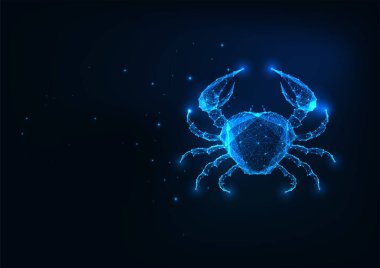 Geleceğin parlayan düşük çokgen yengeci koyu mavi arkaplanda izole edildi.