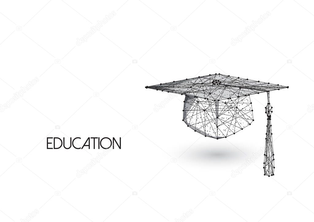 Education concept with low polygonal graduation hat isolated on white background.