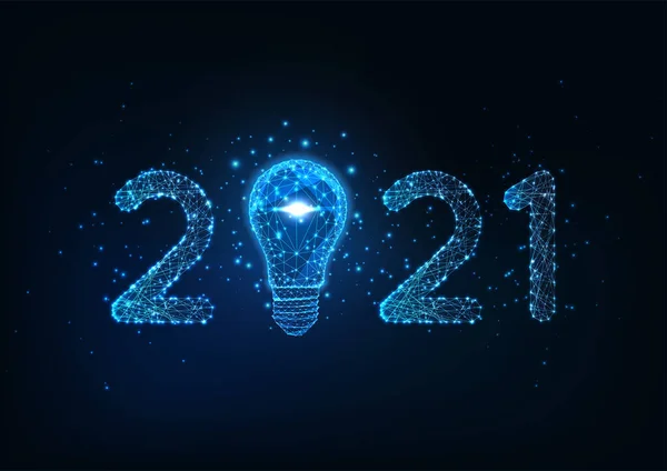 Feliz Año Nuevo banner web digital con futurista brillante bajo poligonal 2021 número y bombilla — Archivo Imágenes Vectoriales