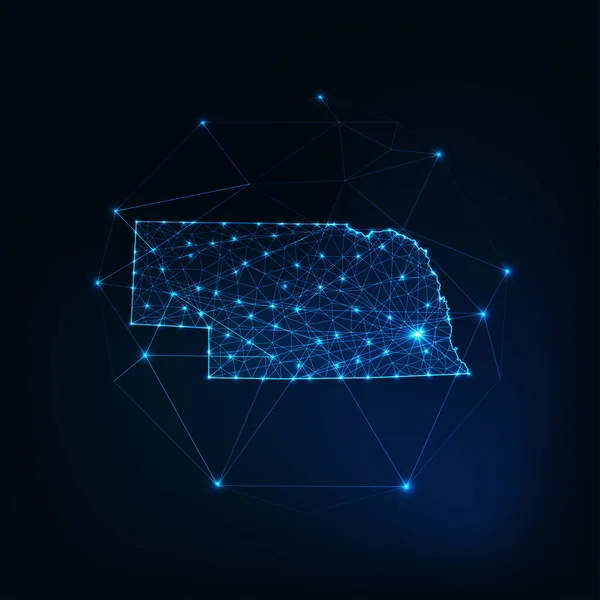 Nebraska état États-Unis carte silhouette lumineuse faite de lignes d'étoiles points triangles, formes polygonales basses. — Image vectorielle