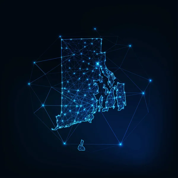 Rhode Island staat USA gloeiende kaart gemaakt van sterren lijnen punten driehoeken, lage veelhoekige vormen. — Stockvector