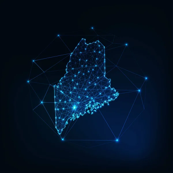 Maine state USA mappa silhouette incandescente fatta di linee di stelle punti triangoli, forme poligonali basse. — Vettoriale Stock