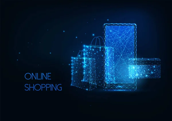 Φουτουριστικό online αγορές, e-commerce έννοια με λάμψη κινητό τηλέφωνο, τσάντα αγορών και πιστωτική κάρτα — Διανυσματικό Αρχείο