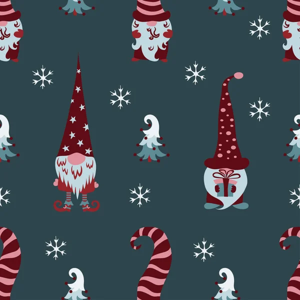 スキャンディナワンのノーム、松の木と灰色の背景に雪の結晶とクリスマスシームレスなパターン. — ストックベクタ