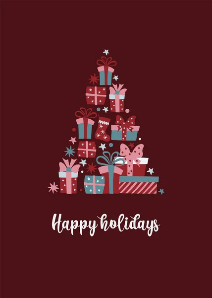 진한 빨간색 배경에 선물 상자로 만든 삼각형 소나무가 있는 메리 크리스마스 인사 카드. — 스톡 벡터