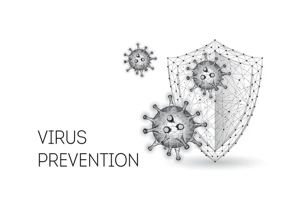 Futuristische bescherming tegen covid-19 ziekteconcept met lage polygonale schild- en coronaviruscellen — Stockvector