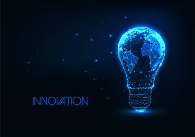 Fütürist küresel enerji, dünya haritalı düşük çokgen ampullü yenilik kavramı