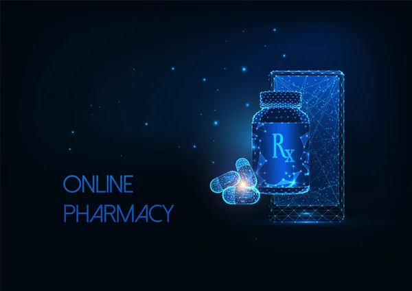 Futuristické on-line lékárna koncept s zářící smartphone, kapsle pilulky a lék láhev — Stockový vektor