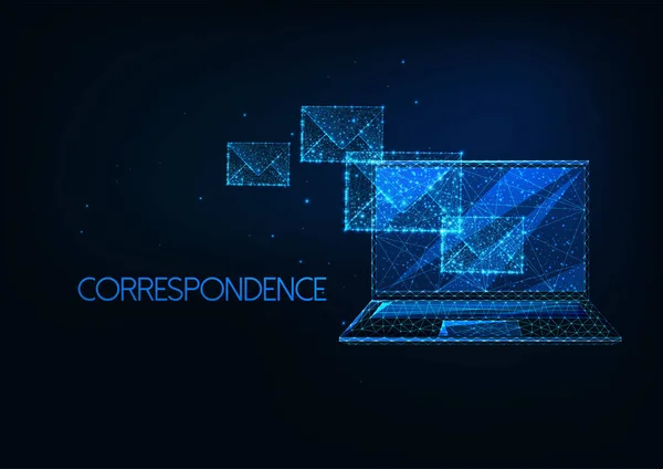 Enviar e-mail futurista, conceito correspondente com laptop poligonal de baixo brilho e envelopes — Vetor de Stock