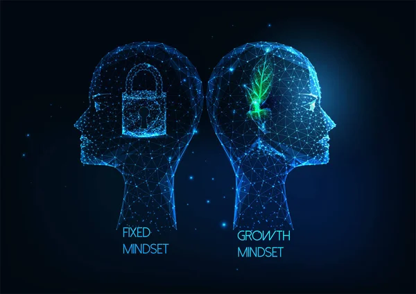 Gelecekçi Büyüme zihniyeti - Bitki ve kilit ile düşük çoklu insan kafaları ile sabitlenmiş zihniyet kavramı