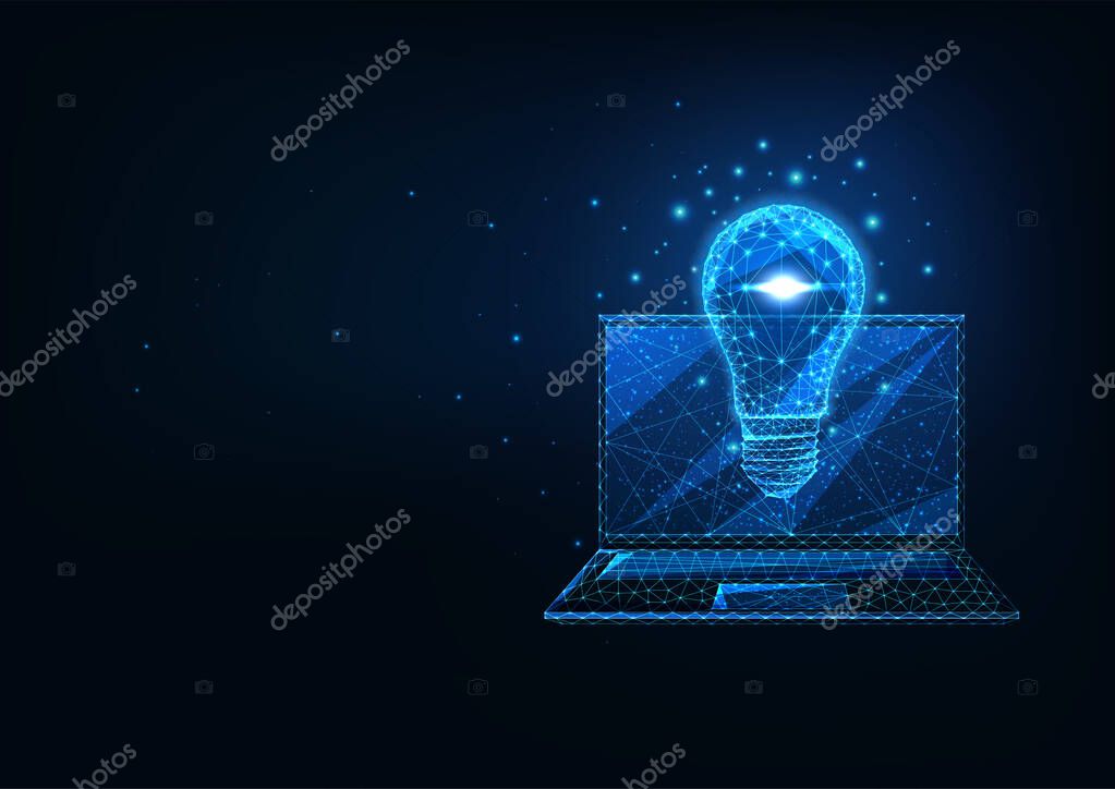 Futuristic creative business idea concept with glowing low polygonal laptop and light bulb on dark blue background. Modern wireframe mesh design vector illustration.
