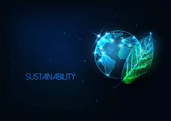 Futurista concepto de conservación del medio ambiente brillante bajo poli globo mapa con hoja verde — Vector de stock