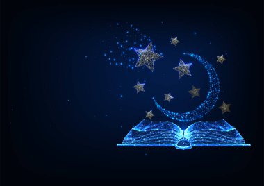 Fütürist hikaye anlatımı, düşük çokgen kitap, yıldızlar ve ay ile gizem hikayeleri kavramı