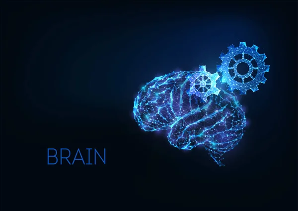 Brainstorming futuristico, concetto di pensiero creativo con cervello e ingranaggi umani poligonali bassi e brillanti — Vettoriale Stock