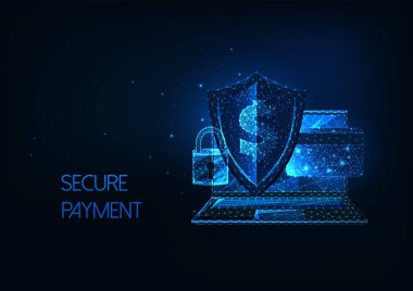 Futuristik güvenli ödeme, dizüstü bilgisayarlı, sheld, lock, kredi kartı ve dolarlı online bankacılık kavramı